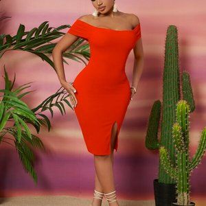 SHEIN SXY Off Shoulder Split Hem Bodycon Dress